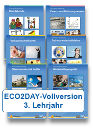 ECO2DAY-Vollversion «Wirtschaft und Gesellschaft»<br />für Lernende im 3. Lehrjahr<br />Lizenzdauer: 1 Jahr<br />(inkl. Seminargutschein über 150.-, nicht übertragbar)